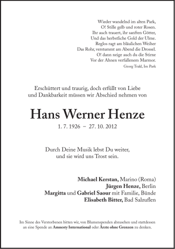 Traueranzeige von Hans Werner Henze von Süddeutsche Zeitung