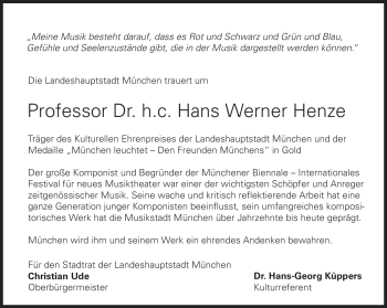 Traueranzeige von Hans Werner Henze von Süddeutsche Zeitung