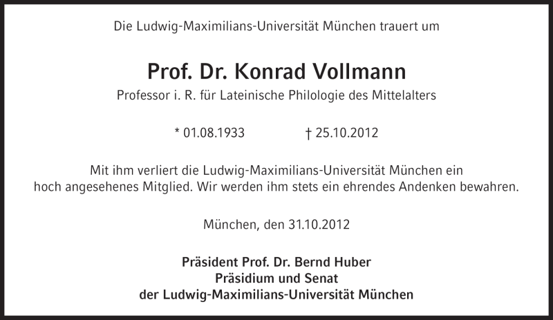  Traueranzeige für Konrad Vollmann vom 31.10.2012 aus Süddeutsche Zeitung