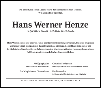 Traueranzeige von Hans Werner Henze von Süddeutsche Zeitung