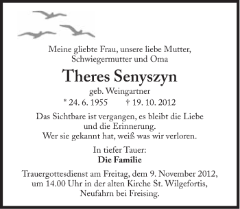 Traueranzeige von Theres Senyszyn von Süddeutsche Zeitung