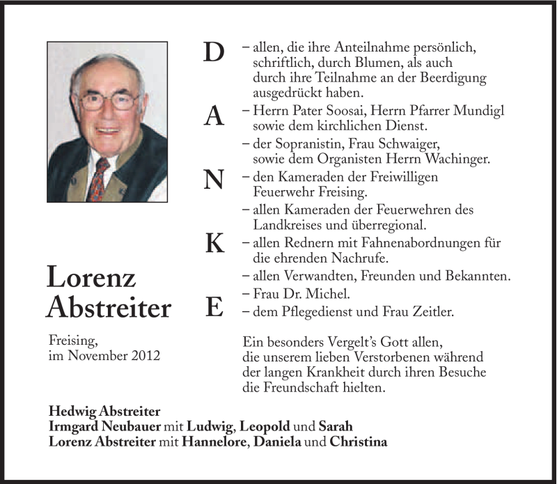  Traueranzeige für Lorenz Abstreiter vom 03.11.2012 aus Süddeutsche Zeitung