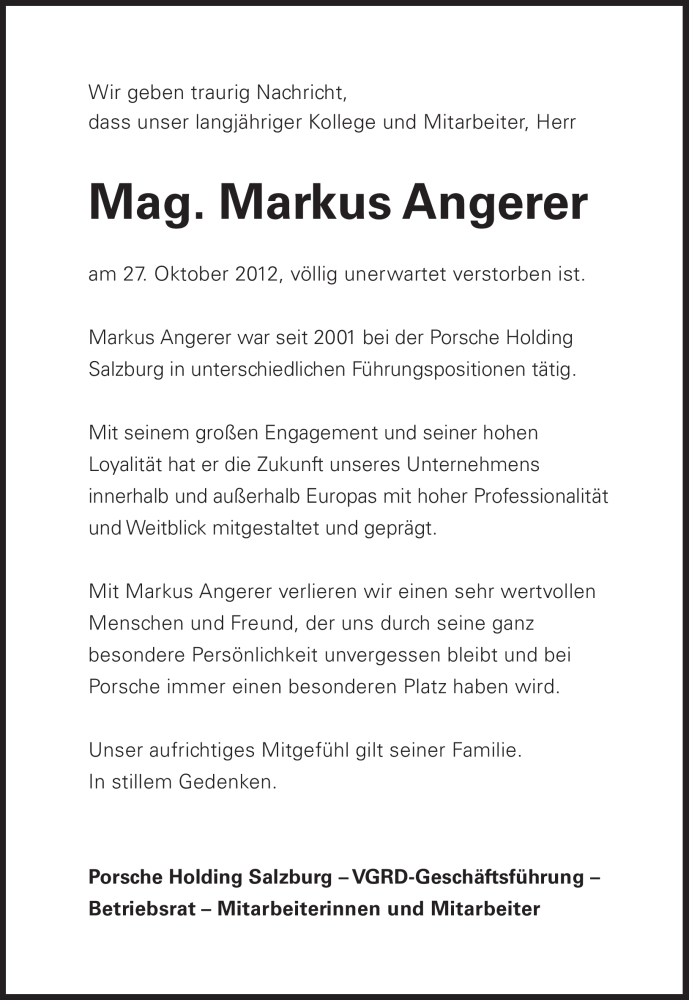  Traueranzeige für Markus Angerer vom 06.11.2012 aus Süddeutsche Zeitung