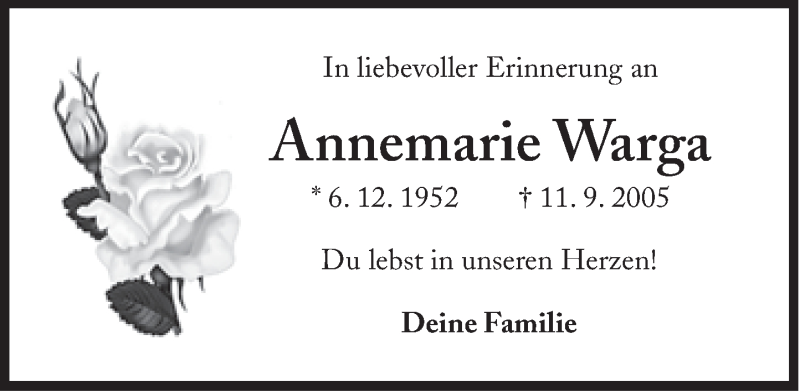  Traueranzeige für Annemarie Warga vom 06.12.2012 aus Süddeutsche Zeitung