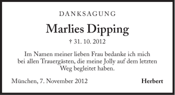Traueranzeige von Marlies Dipping von Süddeutsche Zeitung