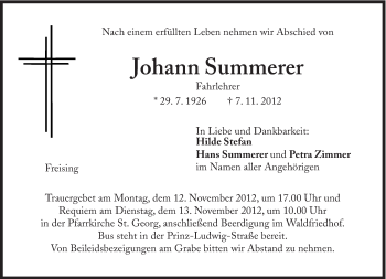 Traueranzeige von Johann Summerer von Süddeutsche Zeitung