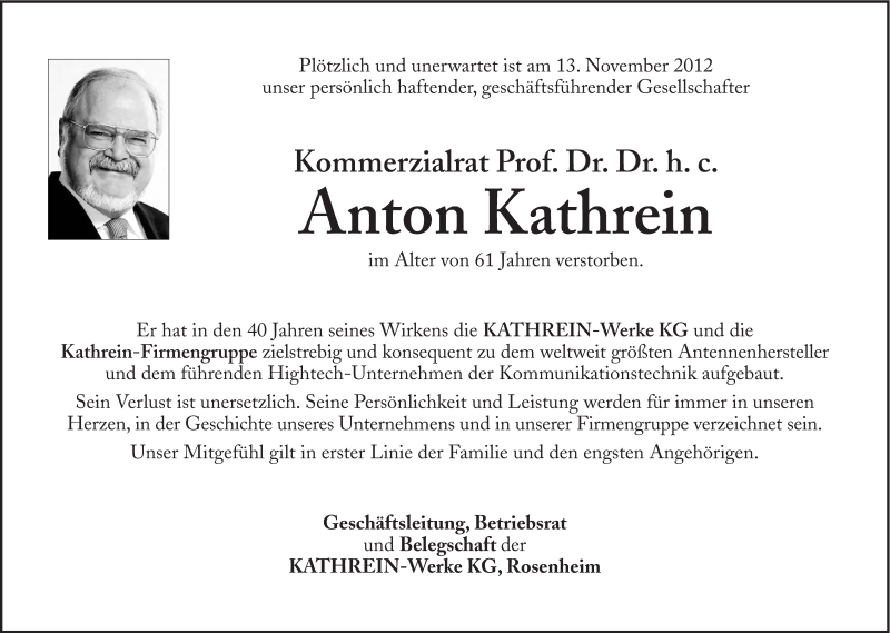  Traueranzeige für Anton Kathrein vom 15.11.2012 aus Süddeutsche Zeitung