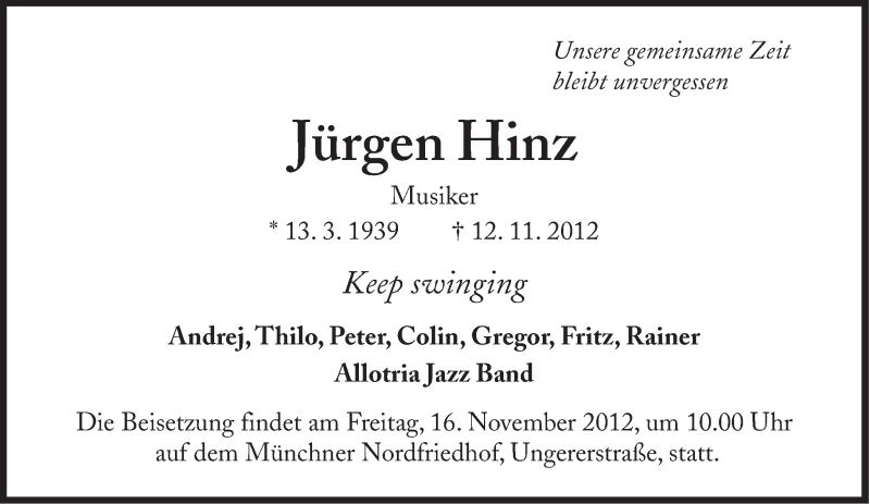  Traueranzeige für Jürgen Hinz vom 15.11.2012 aus Süddeutsche Zeitung