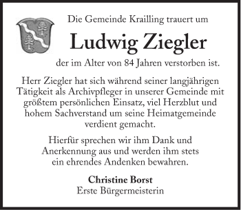 Traueranzeige von Ludwig Ziegler von Süddeutsche Zeitung