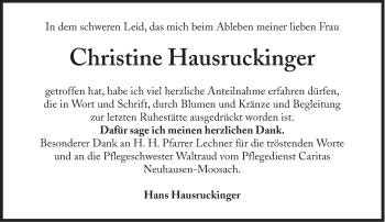 Traueranzeige von Christine Hausruckinger von Süddeutsche Zeitung