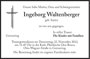 Traueranzeige von Ingeborg Waltenberger von Süddeutsche Zeitung