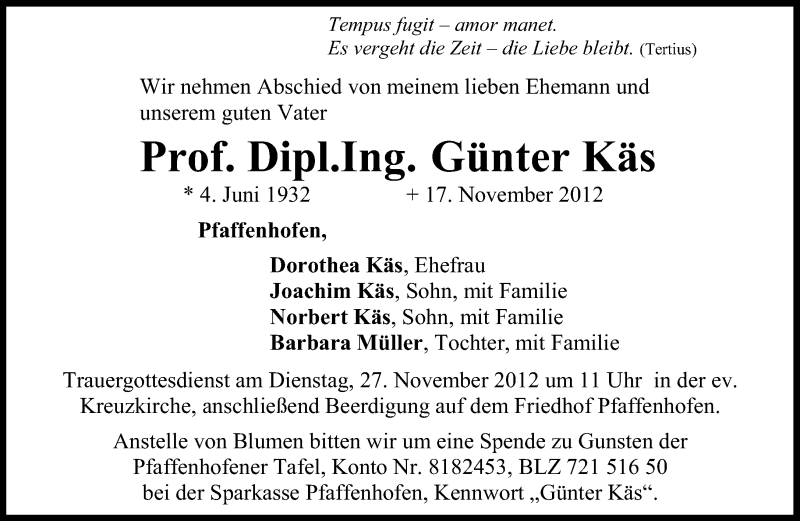  Traueranzeige für Günter Käs vom 21.11.2012 aus Süddeutsche Zeitung