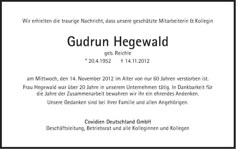  Traueranzeige für Gudrun Hegewald vom 22.11.2012 aus Süddeutsche Zeitung