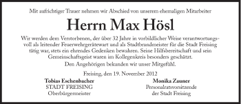 Traueranzeige von Max Hösl von Süddeutsche Zeitung