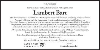 Traueranzeige von Lambert Bart von Süddeutsche Zeitung