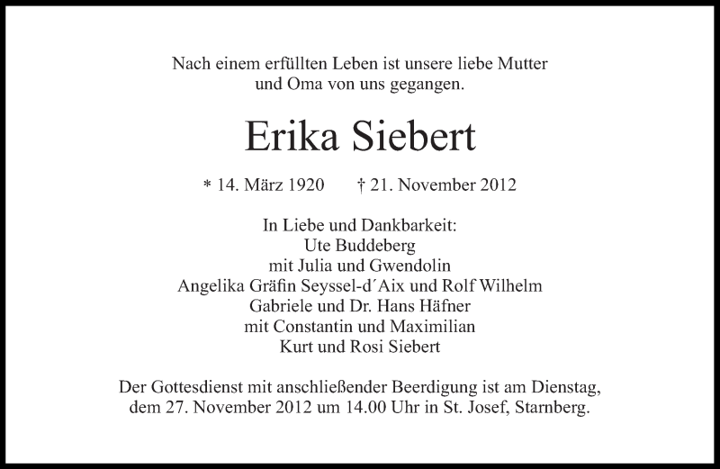  Traueranzeige für Erika Siebert vom 24.11.2012 aus Süddeutsche Zeitung