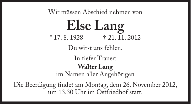  Traueranzeige für Else Lang vom 24.11.2012 aus Süddeutsche Zeitung