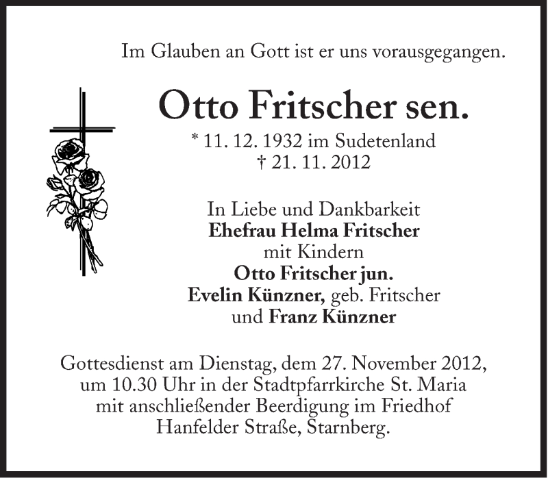  Traueranzeige für Otto Fritscher vom 24.11.2012 aus Süddeutsche Zeitung