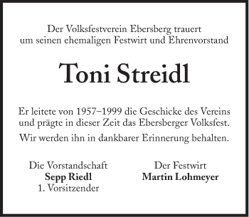 Traueranzeige von Toni Streidl von Süddeutsche Zeitung