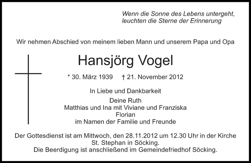  Traueranzeige für Hansjörg Vogel vom 24.11.2012 aus Süddeutsche Zeitung