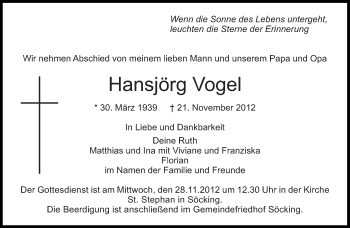 Traueranzeige von Hansjörg Vogel von Süddeutsche Zeitung