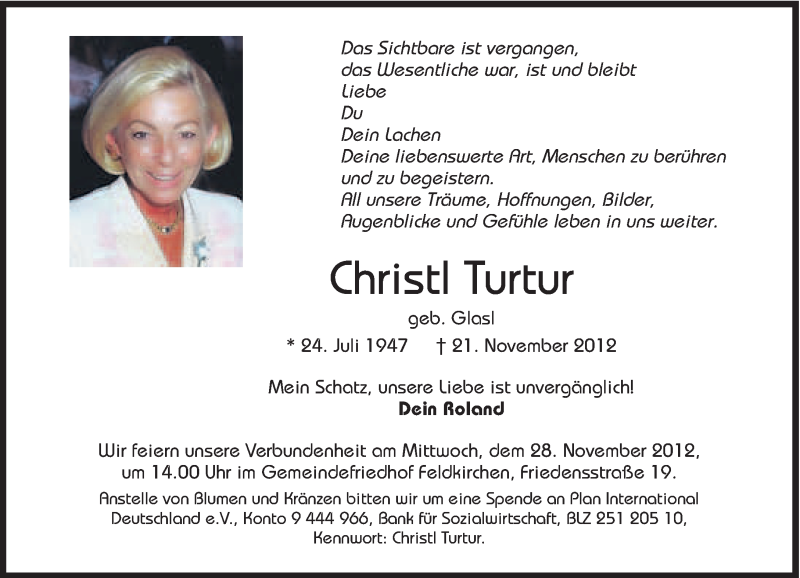 Traueranzeige für Christl Turtur vom 24.11.2012 aus Süddeutsche Zeitung