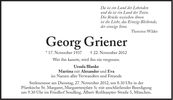 Traueranzeige von Georg Griener von Süddeutsche Zeitung