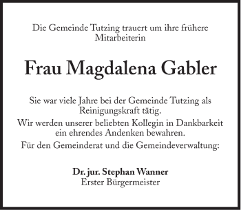Traueranzeige von Magdalena Gabler von Süddeutsche Zeitung