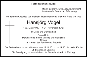 Traueranzeige von Hansjörg Vogel von Süddeutsche Zeitung