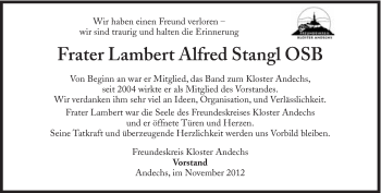 Traueranzeige von Frater Lambert Alfred Stangl von Süddeutsche Zeitung