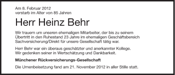 Traueranzeige von Heinz Behr von Süddeutsche Zeitung