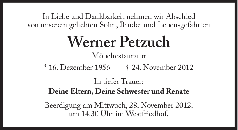  Traueranzeige für Werner Petzuch vom 27.11.2012 aus Süddeutsche Zeitung