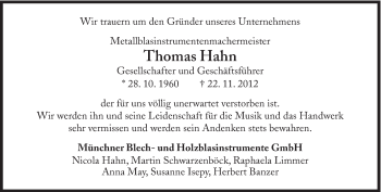 Traueranzeige von Thomas Hahn von Süddeutsche Zeitung