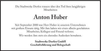 Traueranzeige von Anton Huber von Süddeutsche Zeitung