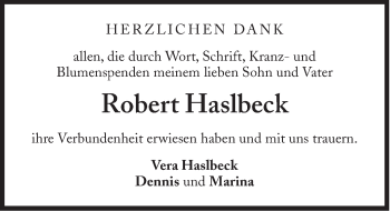 Traueranzeige von Robert Haslbeck von Süddeutsche Zeitung