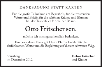 Traueranzeige von Otto Fritscher  von Süddeutsche Zeitung