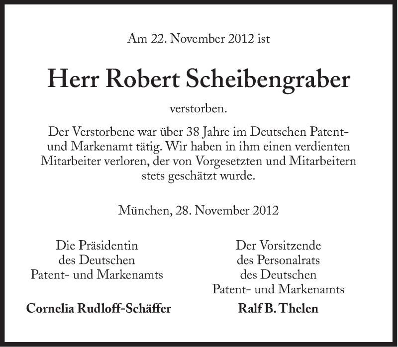  Traueranzeige für Robert Scheibengraber vom 01.12.2012 aus Süddeutsche Zeitung