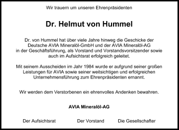 Traueranzeige von Helmut von Hummel von Süddeutsche Zeitung