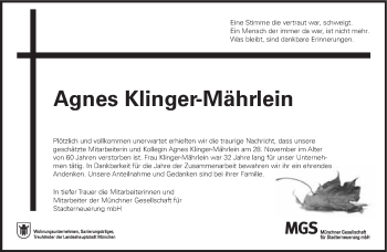 Traueranzeige von Agnes Klinger-Mährlein von Süddeutsche Zeitung