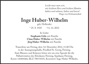 Traueranzeige von Inge Huber-Wilhelm von Süddeutsche Zeitung