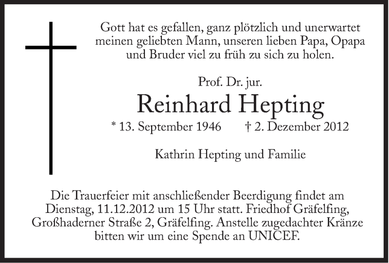  Traueranzeige für Reinhard Hepting vom 08.12.2012 aus Süddeutsche Zeitung