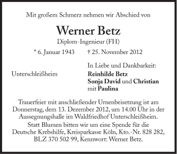 Traueranzeige von Werner Betz von Süddeutsche Zeitung