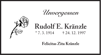 Traueranzeige von Rudolf Kränzle von Süddeutsche Zeitung