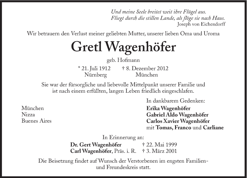  Traueranzeige für Gretl Wagenhöfer vom 15.12.2012 aus Süddeutsche Zeitung
