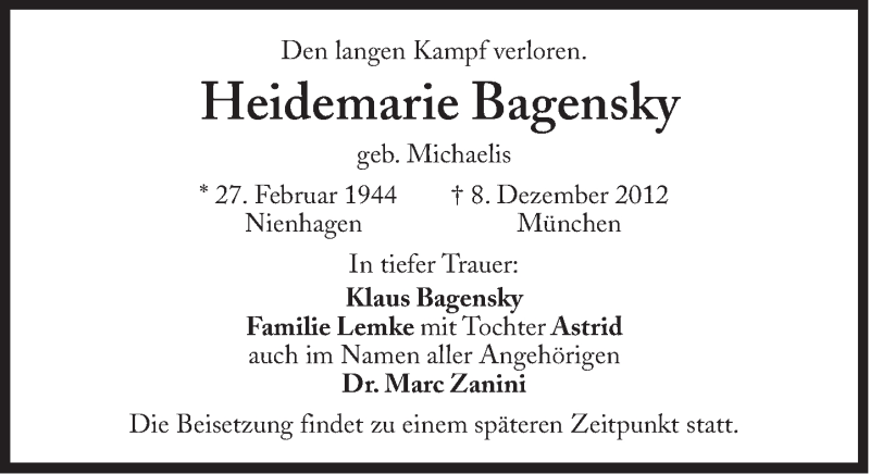 Traueranzeige für Heidemarie Bagensky vom 15.12.2012 aus Süddeutsche Zeitung
