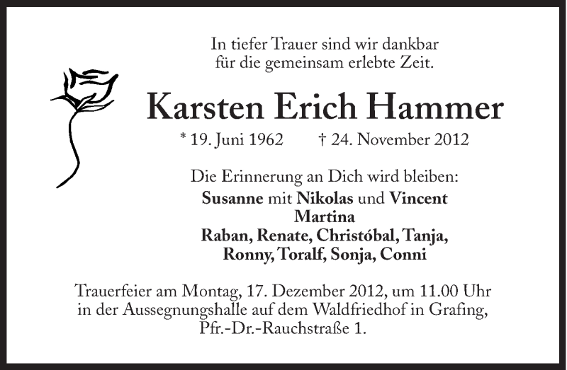  Traueranzeige für Karsten Erich Hammer vom 14.12.2012 aus Süddeutsche Zeitung