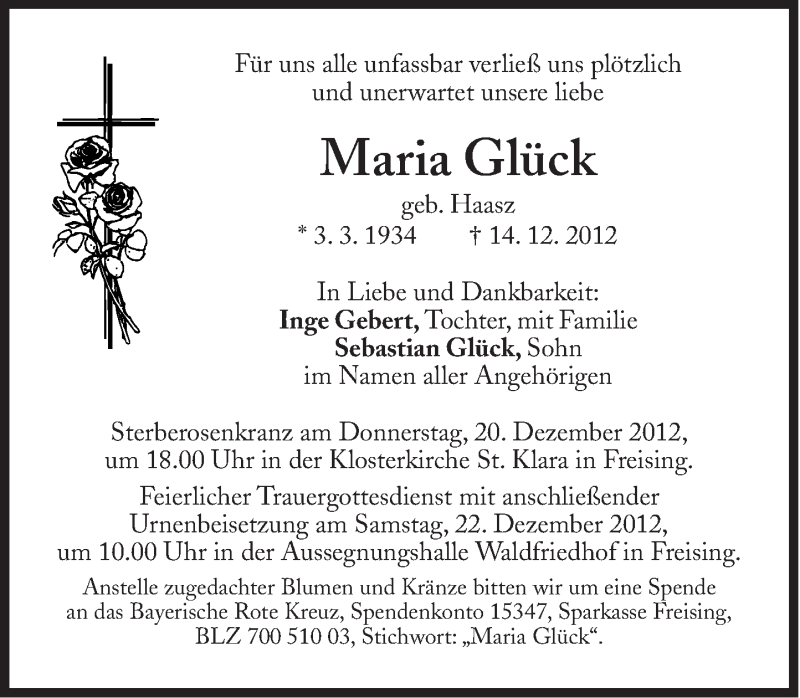  Traueranzeige für Maria Glück vom 17.12.2012 aus Süddeutsche Zeitung