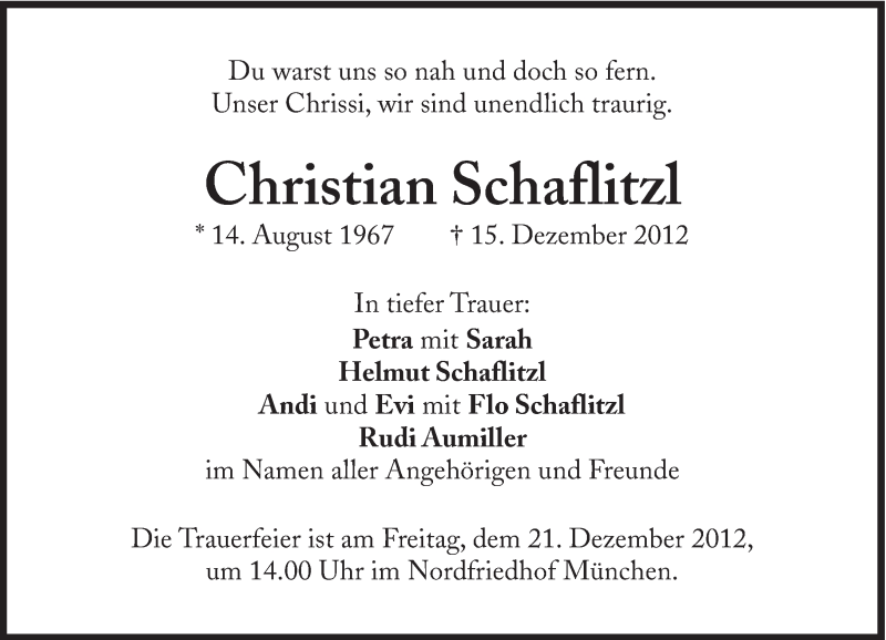  Traueranzeige für Christian Schaflitzl vom 19.12.2012 aus Süddeutsche Zeitung