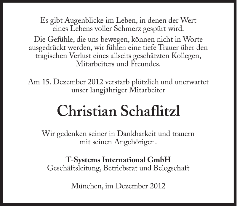  Traueranzeige für Christian Schaflitzl vom 20.12.2012 aus Süddeutsche Zeitung
