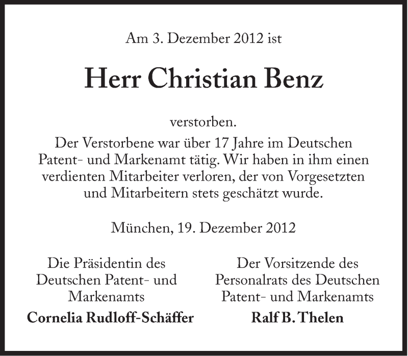  Traueranzeige für Christian Benz vom 22.12.2012 aus Süddeutsche Zeitung